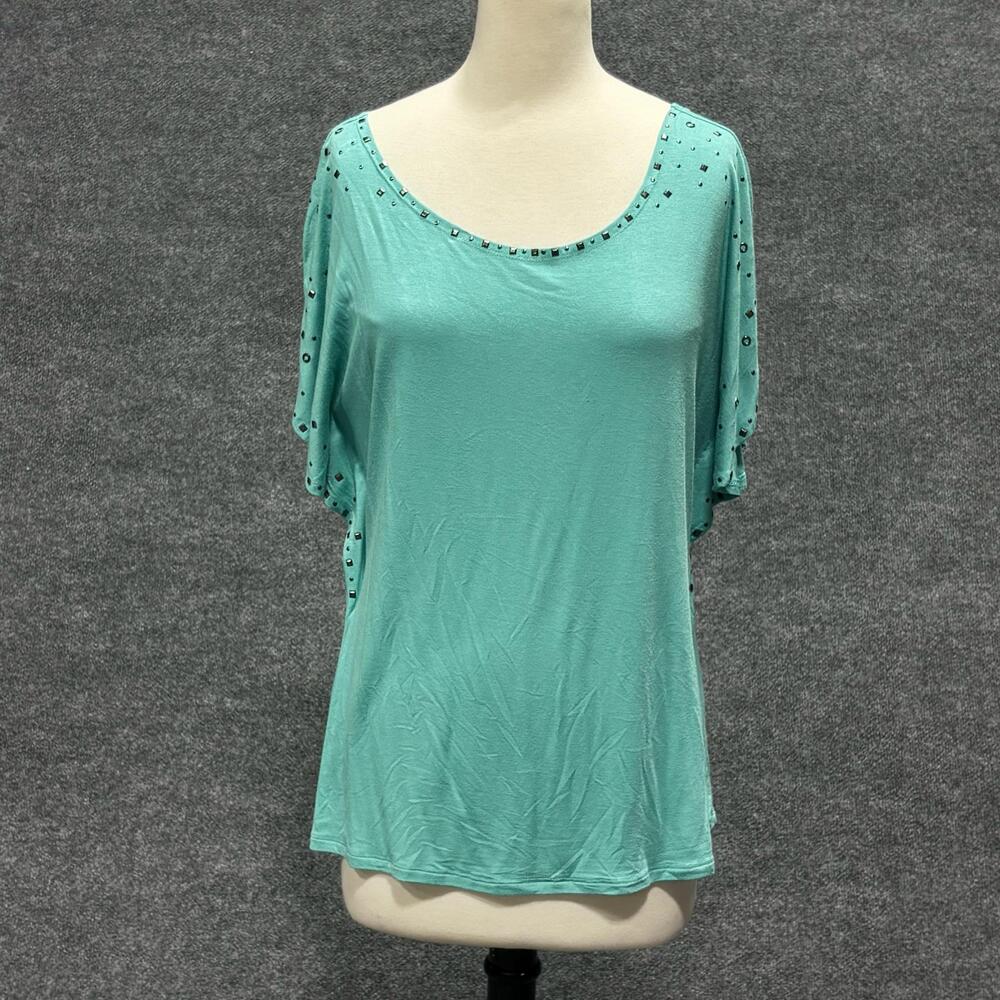 Essentials By Milano Blouse Womens Large Green Studded Dolman Sleeve Knit Y2K